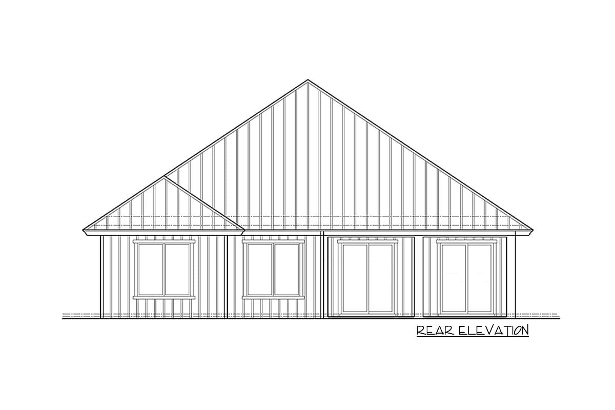 Rear elevation house plan featuring a prominent gable roofline, three windows, and two sets of sliding glass doors.