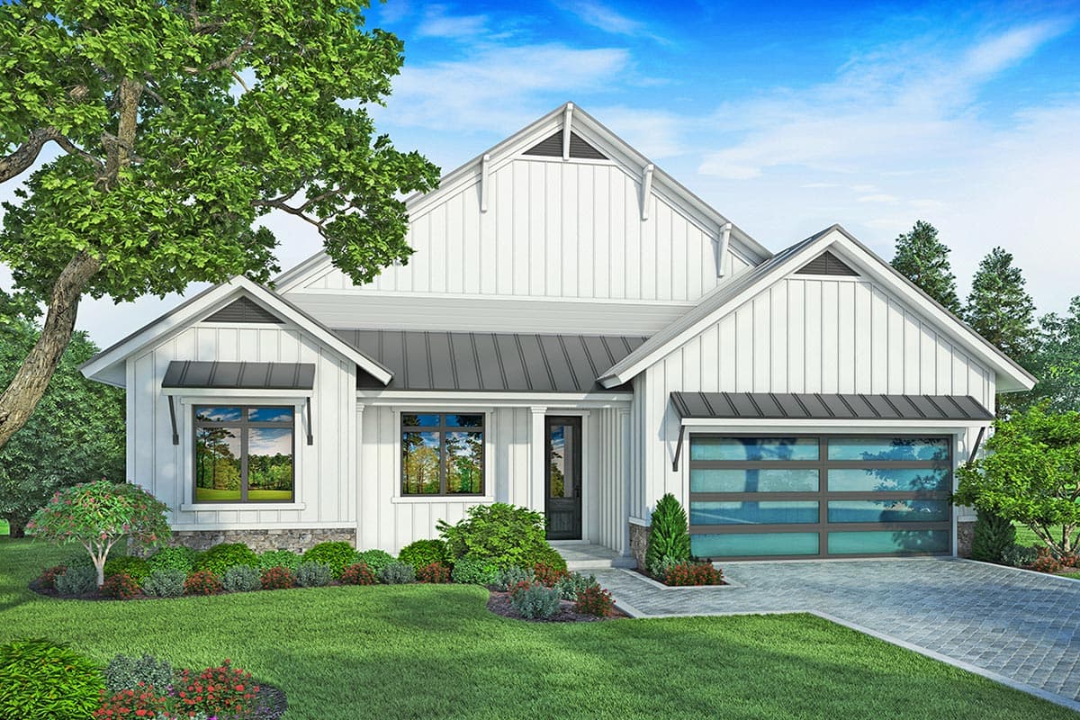 House plan exterior in modern farmhouse style. Features include gabled roof, board-and-batten siding, and a two-car garage with glass panels.