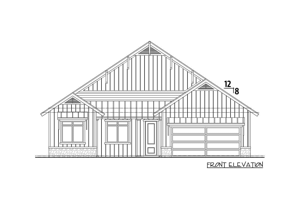Front elevation drawing of a single-story house plan with a prominent gable, stone foundation, two windows, and an attached garage.