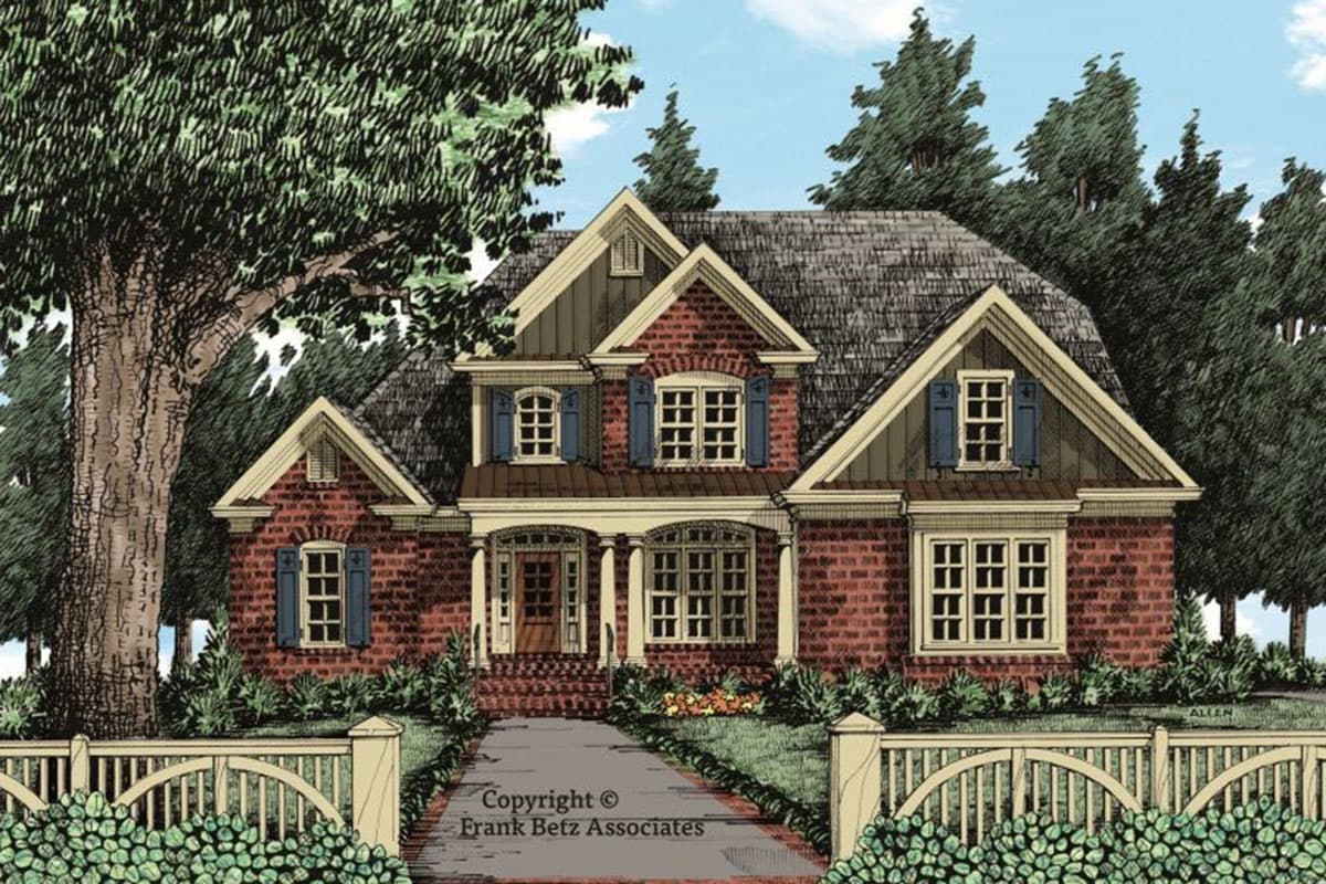 House plan exterior. Two-story brick home with gabled roof, front porch with columns, and multiple dormers with shutters. Landscaped front yard.