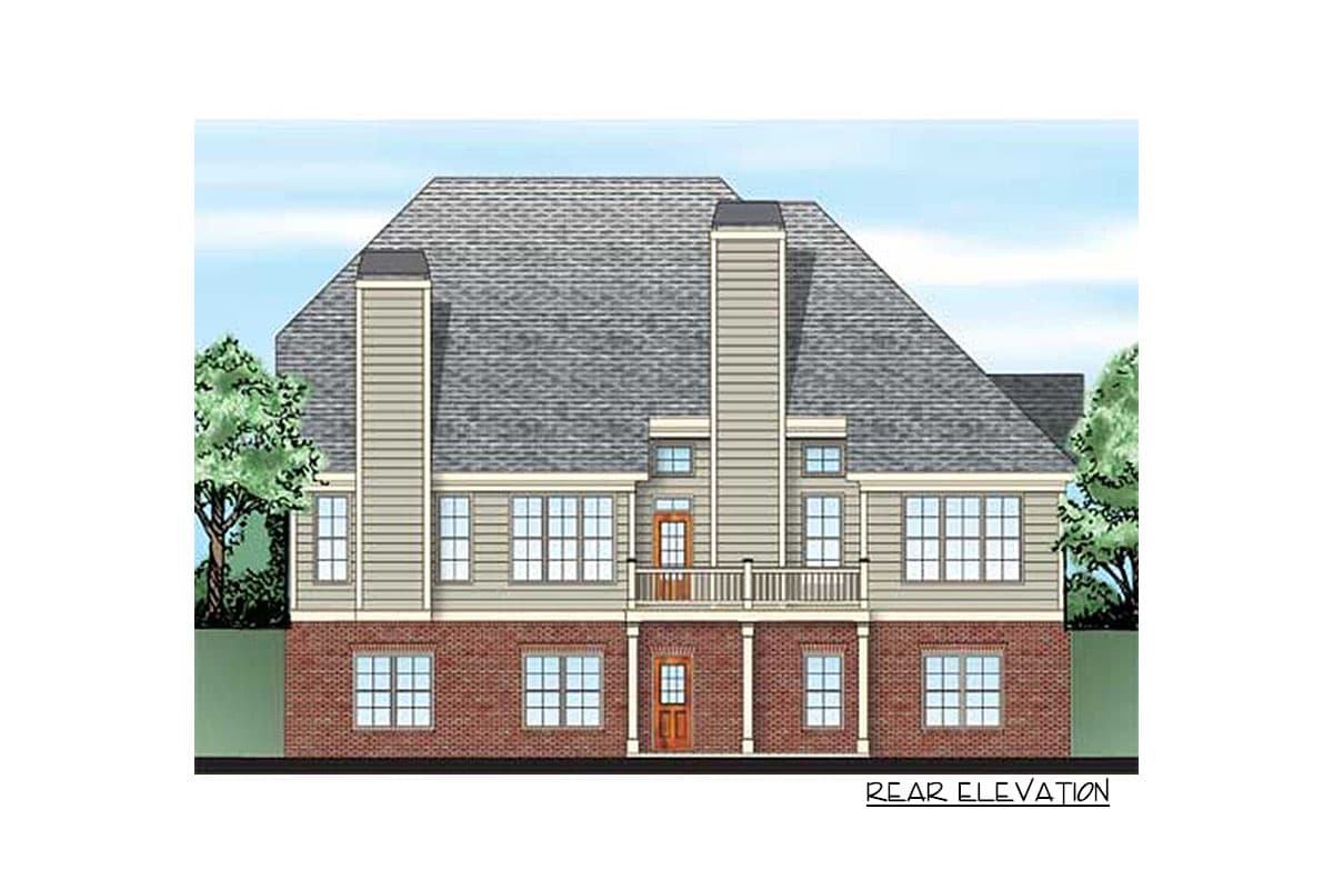 Rear elevation of a house plan with brick base, two stories, gabled roof, two prominent chimneys, and a second-story balcony.