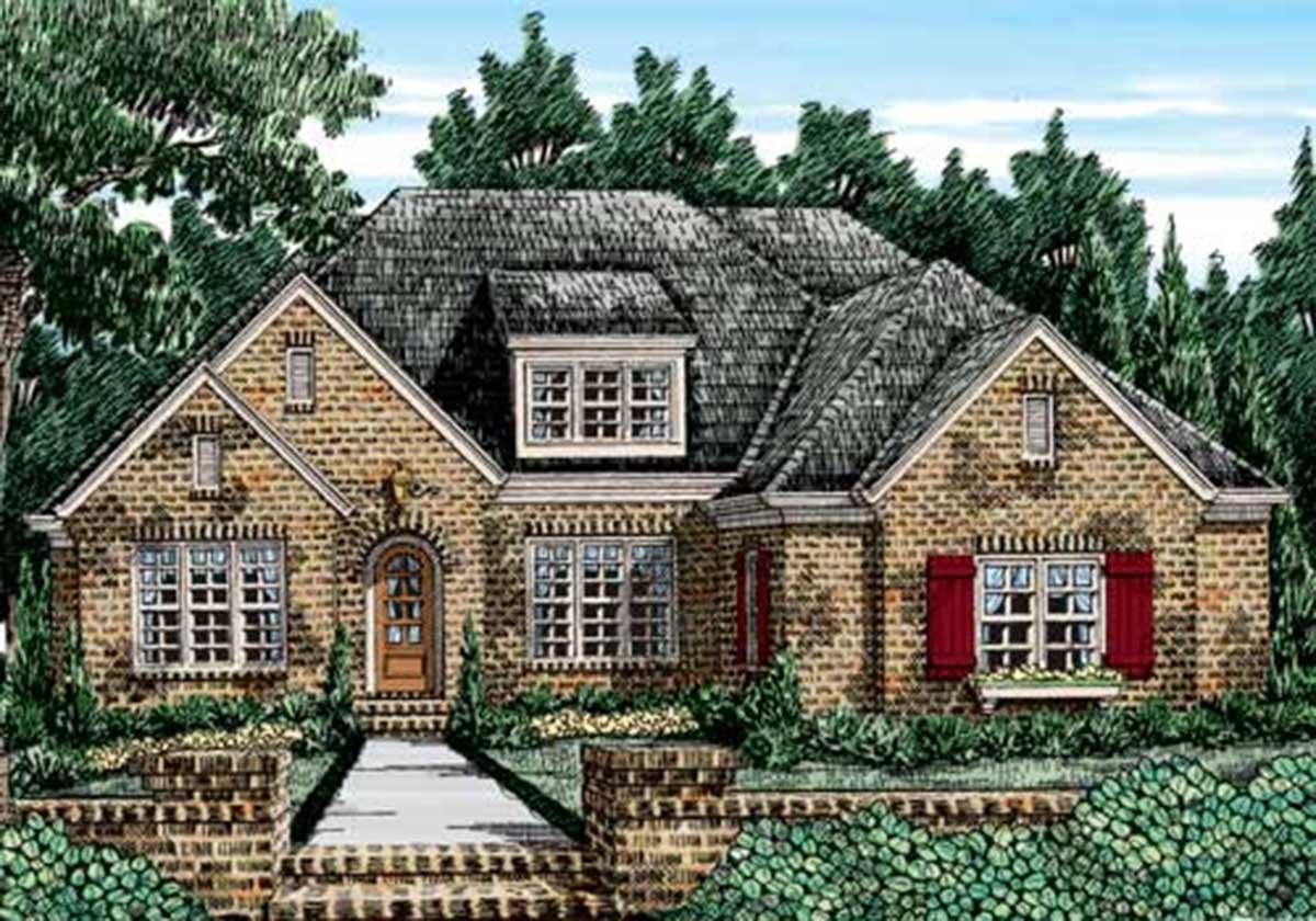 House plan exterior featuring a two-story brick facade. Notable features include a gable roof, dormers, and a brick walkway leading to the front door.