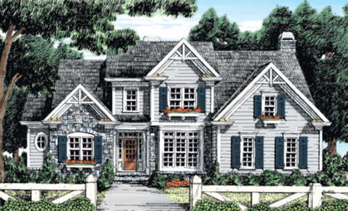 House plan exterior featuring stone accents, multiple gables, and a covered entry with a wood door.
