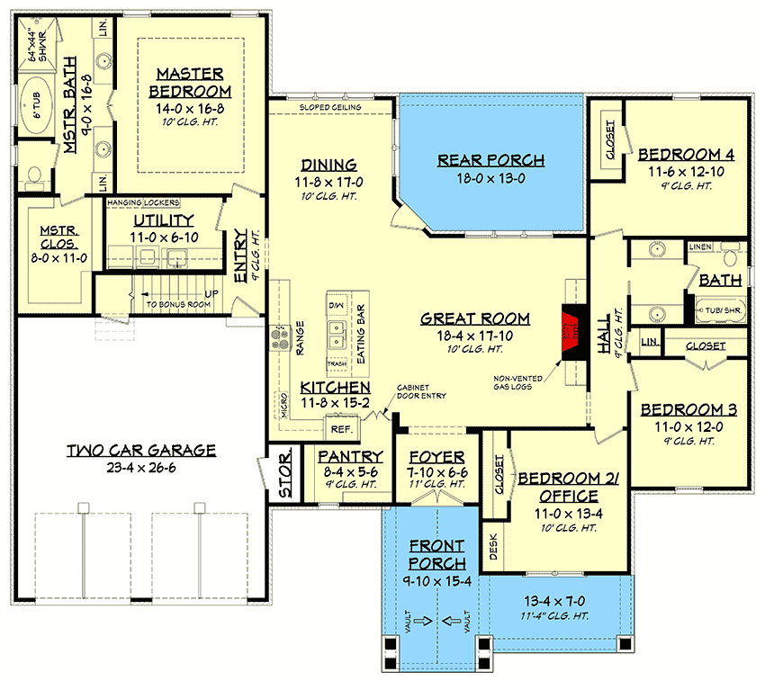 Plan 51805HZ: Flexible Country Farmhouse Plan with Bonus Over Garage - 2281 Sq Ft - Floor Plan - Main Level - Country, Craftsman, Farmhouse, Modern Farmhouse, New American, Southern, Traditional