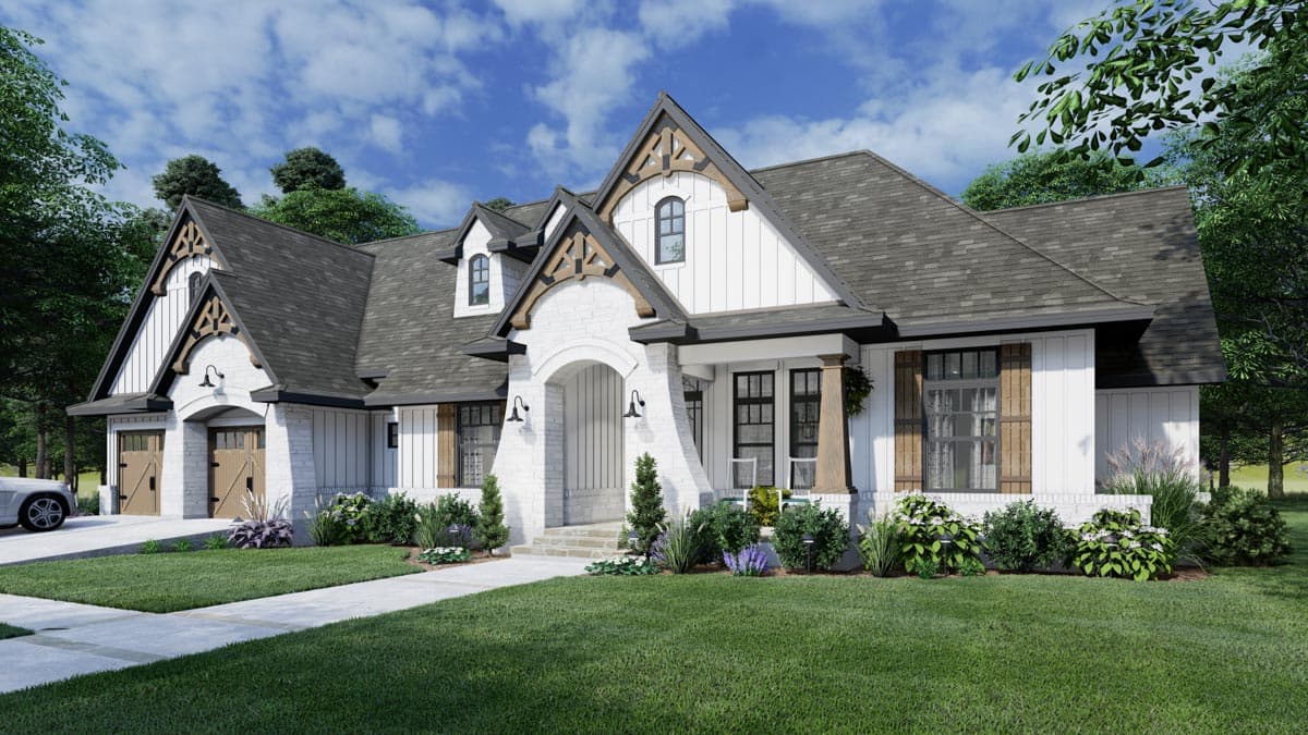 House plan exterior featuring a Modern Farmhouse style, two-story design, gabled dormers, decorative timber accents, and a three-car garage.