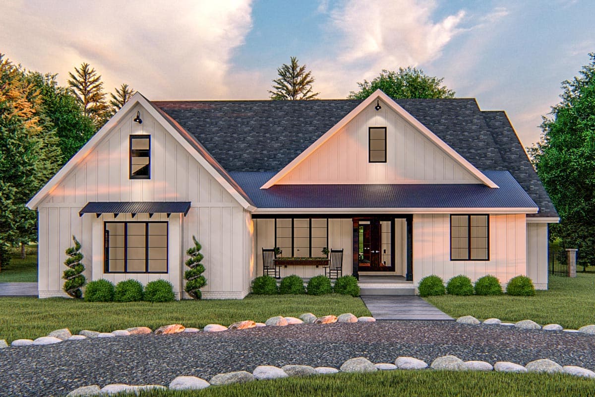 House plan exterior. Modern Farmhouse style with two stories, gabled rooflines, a covered porch, and black-framed windows.
