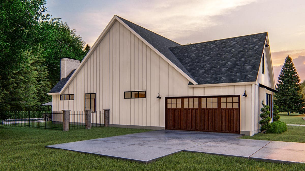 House plan exterior: Modern Farmhouse style with white board and batten siding, gabled roof, and wood garage doors.