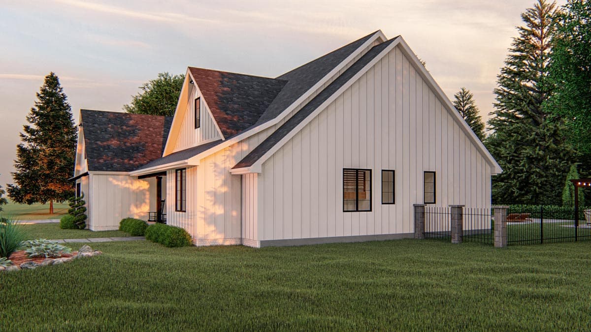 House plan exterior featuring a Modern Farmhouse style with a steeply pitched gable roof, board and batten siding, and dark-framed windows.
