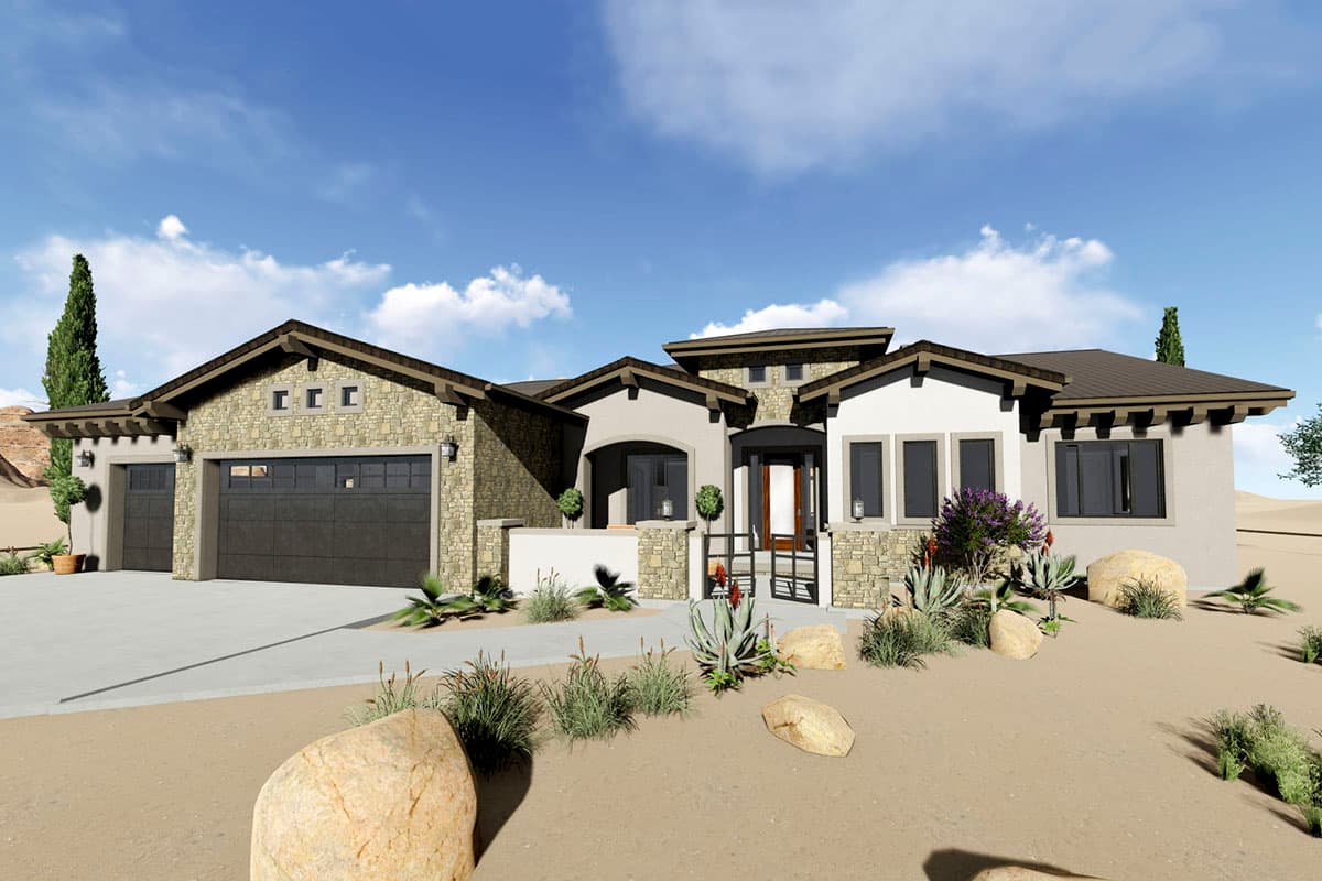 House plan exterior. One-story Ranch style home with stone veneer, multiple gable roof lines, and a two-car garage.