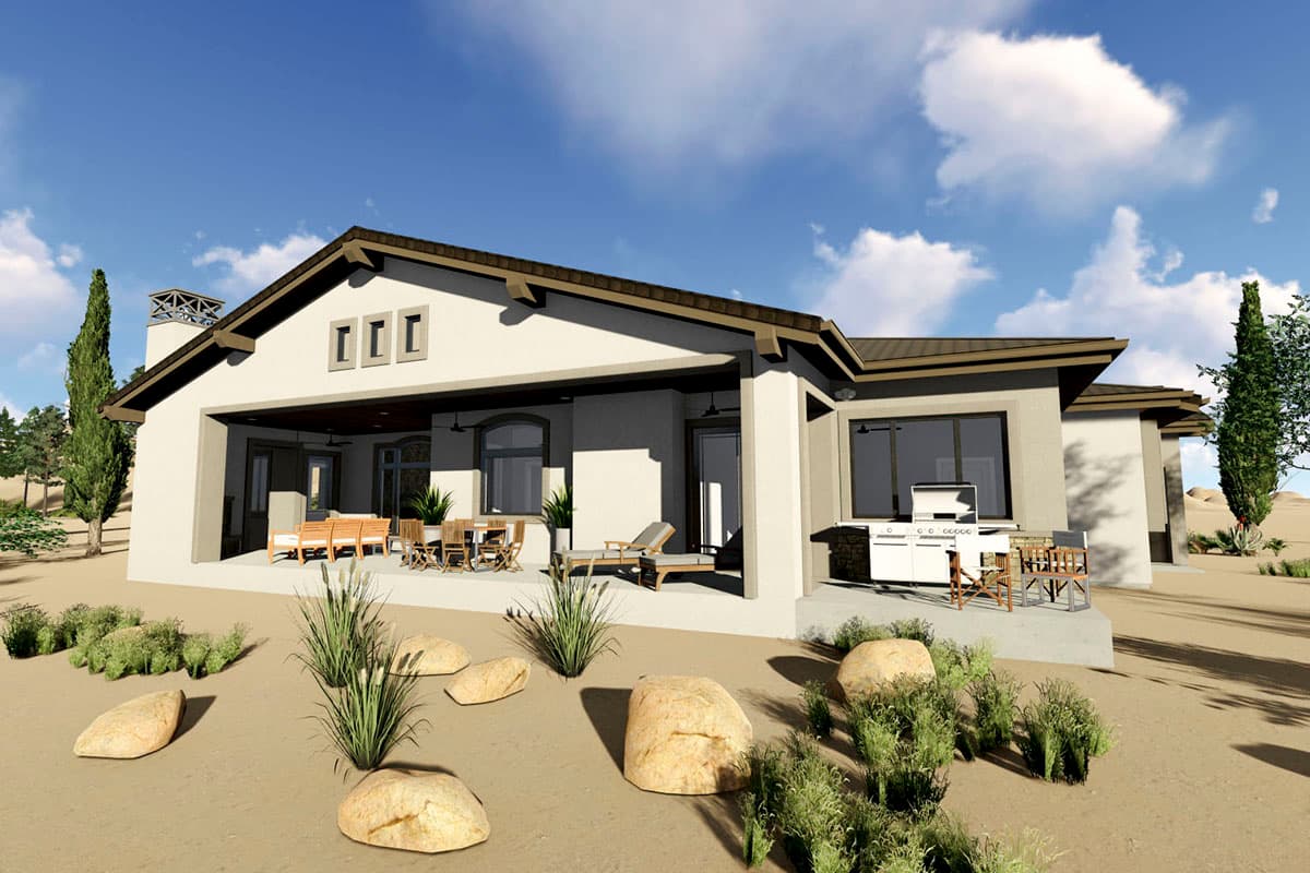House plan exterior: single-story, stucco finish, with covered patio, outdoor kitchen, and three dormer windows.