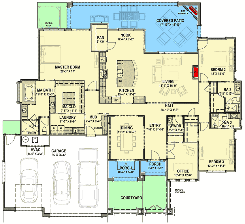 Plan 64473SC: One-level Mediterranean Home Plan with Front Courtyard and Covered Patio - Floor Plan - Main Level - Mediterranean, Ranch, Spanish, Tuscan