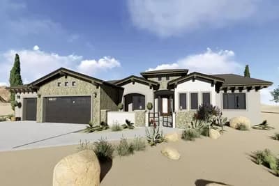 One-level Mediterranean Home Plan with Front Courtyard and Covered Patio