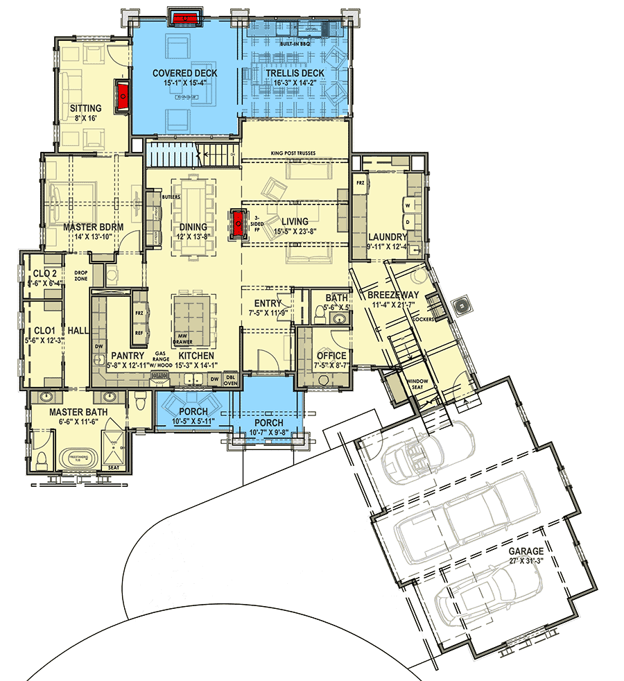 Plan 64474SC: Mountain Craftsman Home Plan with Optional Bonus Level - Floor Plan - Main Level - Country, Craftsman, Mountain, New American, Rustic, Transitional