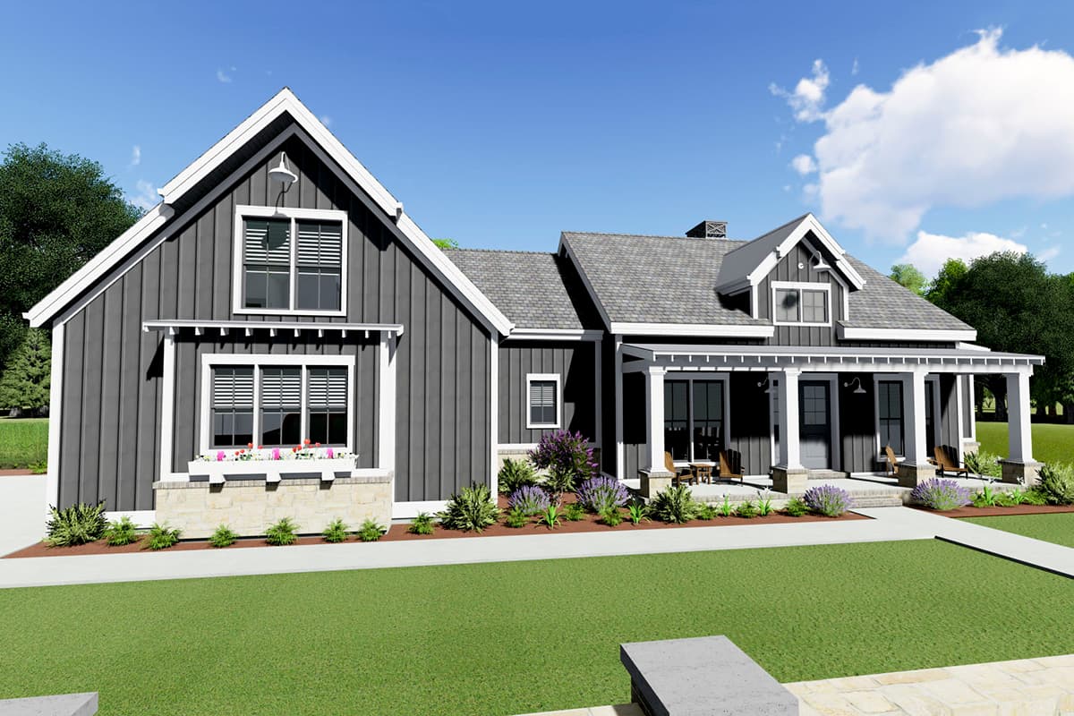Modern Farmhouse house plan exterior with vertical siding, wide front porch, gables, and stone accents.