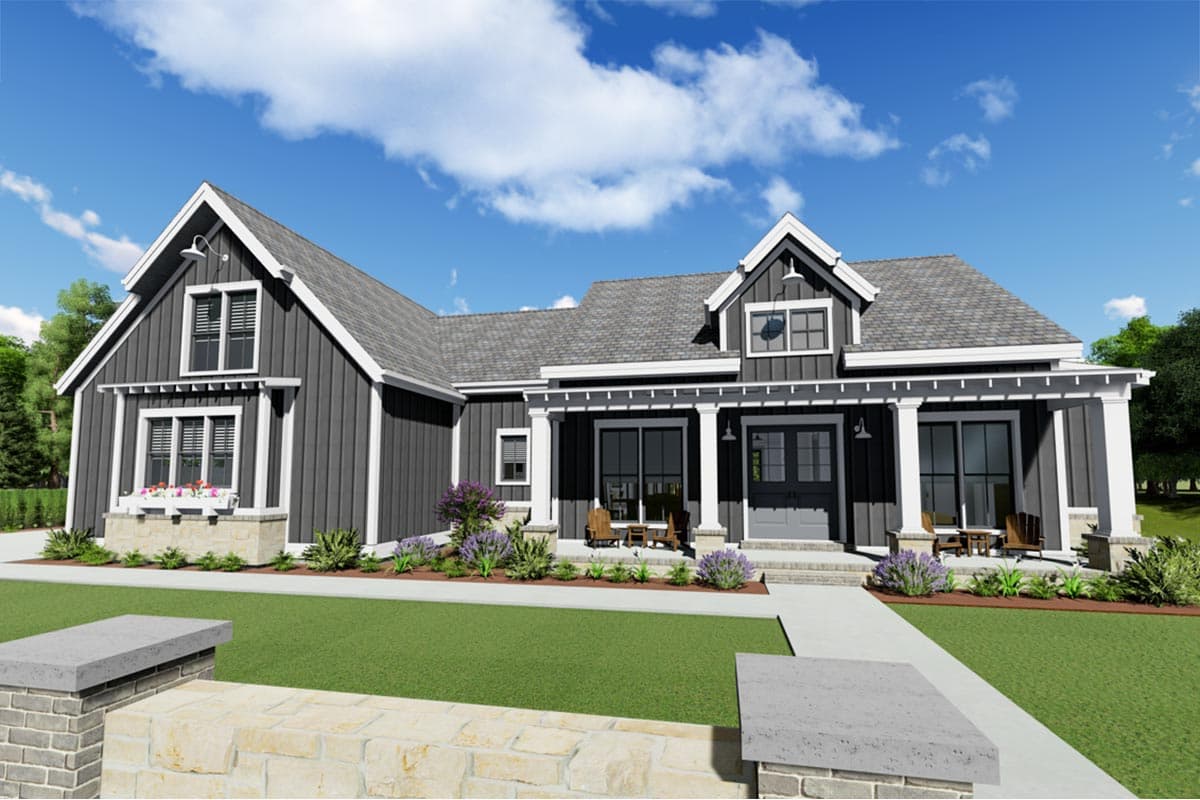 Modern Farmhouse house plan exterior, one story, dark siding, white trim, covered porch with columns, multiple gables.
