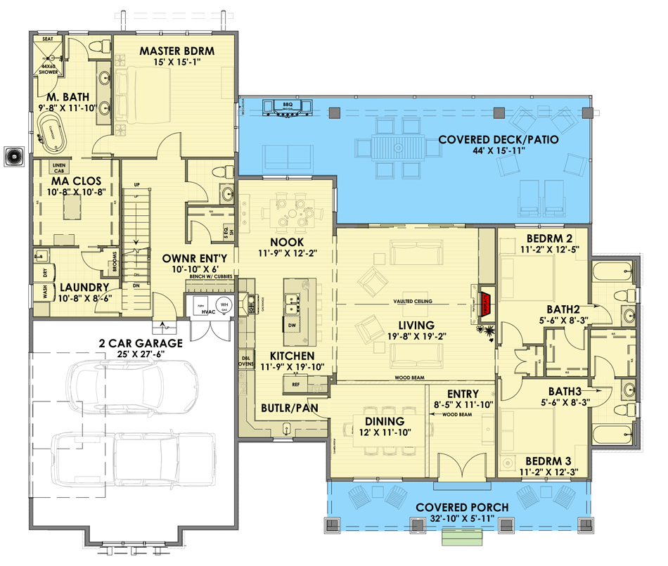 Plan 64471SC: Gorgeous Farmhouse Plan for a Rear-sloping Lot - Floor Plan - Main Level - Cottage, Craftsman, Farmhouse, Modern Farmhouse