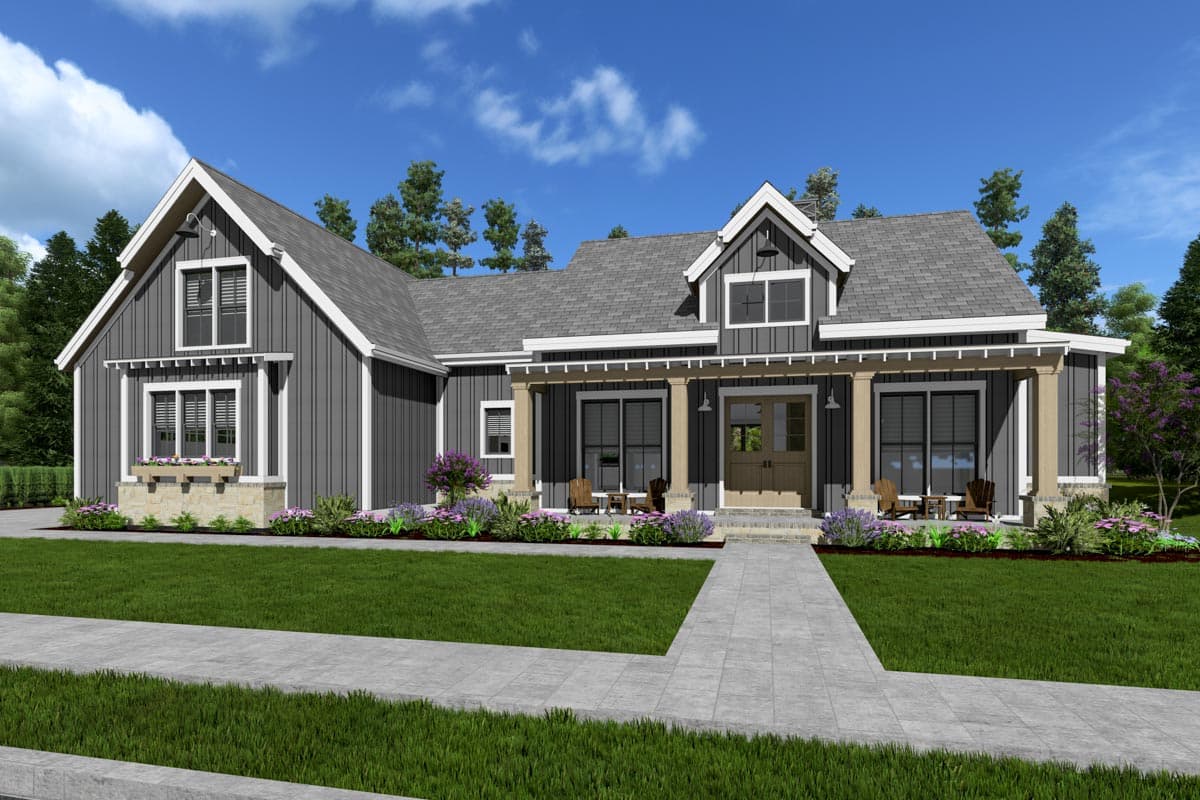 House plan exterior. Two-story Modern Farmhouse with gables, a pergola-covered porch, and dormer windows. Vertical siding is evident.