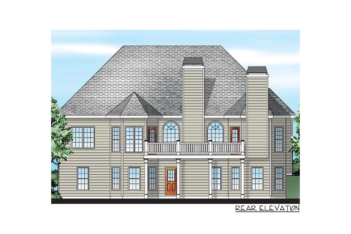 Rear elevation of a two-story house plan featuring a balcony, multiple gables, and a prominent central chimney.