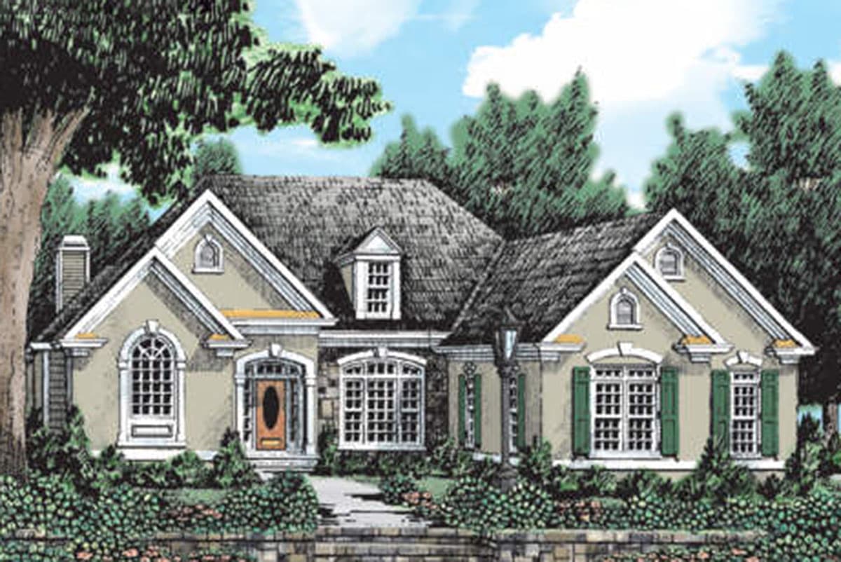 House plan exterior with multiple gables, dormers, and arched windows. Features a stone facade with a traditional roofline and a front entry door.