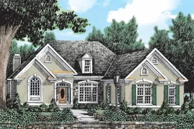 Southern Traditional House Plan with Stucco and Fieldstone-Accented Exterior