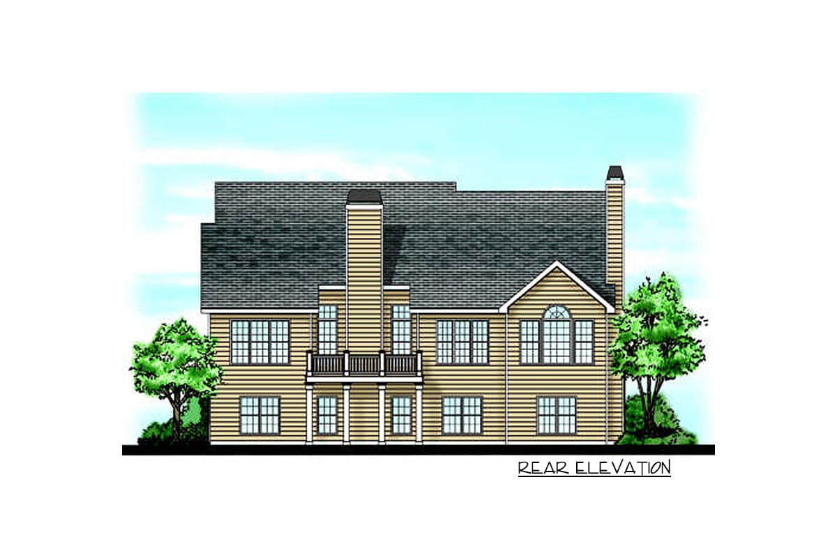 Rear elevation drawing of a two-story house with multiple windows, a balcony, and two prominent chimneys.