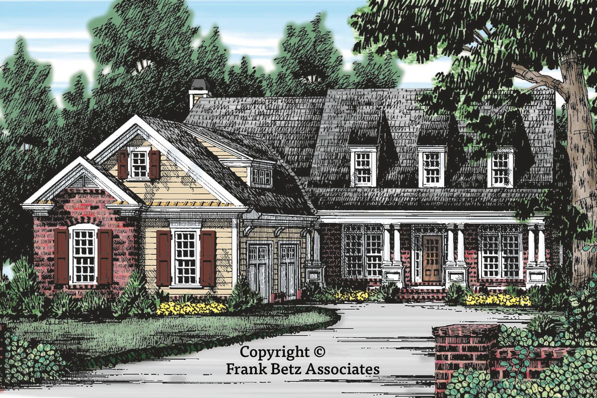 House plan exterior featuring a two-story design with a hipped roof, dormers, and a prominent front porch. Brick and siding facade with shutters.