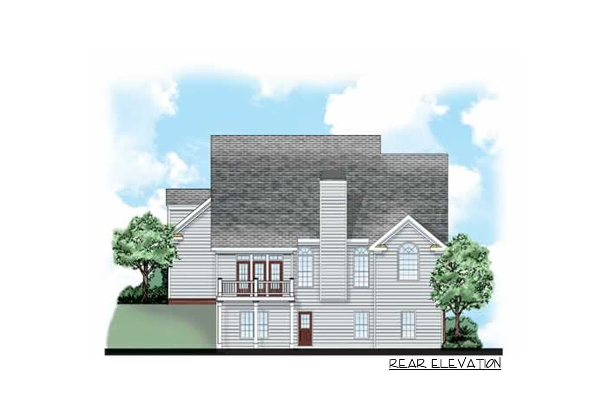 Rear elevation of a two-story house plan featuring a balcony, multiple gables, and a prominent chimney.