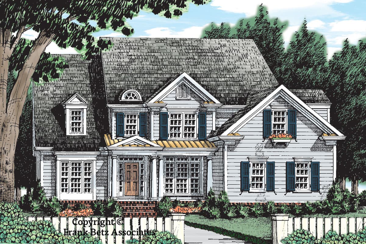 House plan exterior. Two-story Colonial with a front porch, multiple gables, dormers, and shuttered windows. Gray roof and light blue siding.