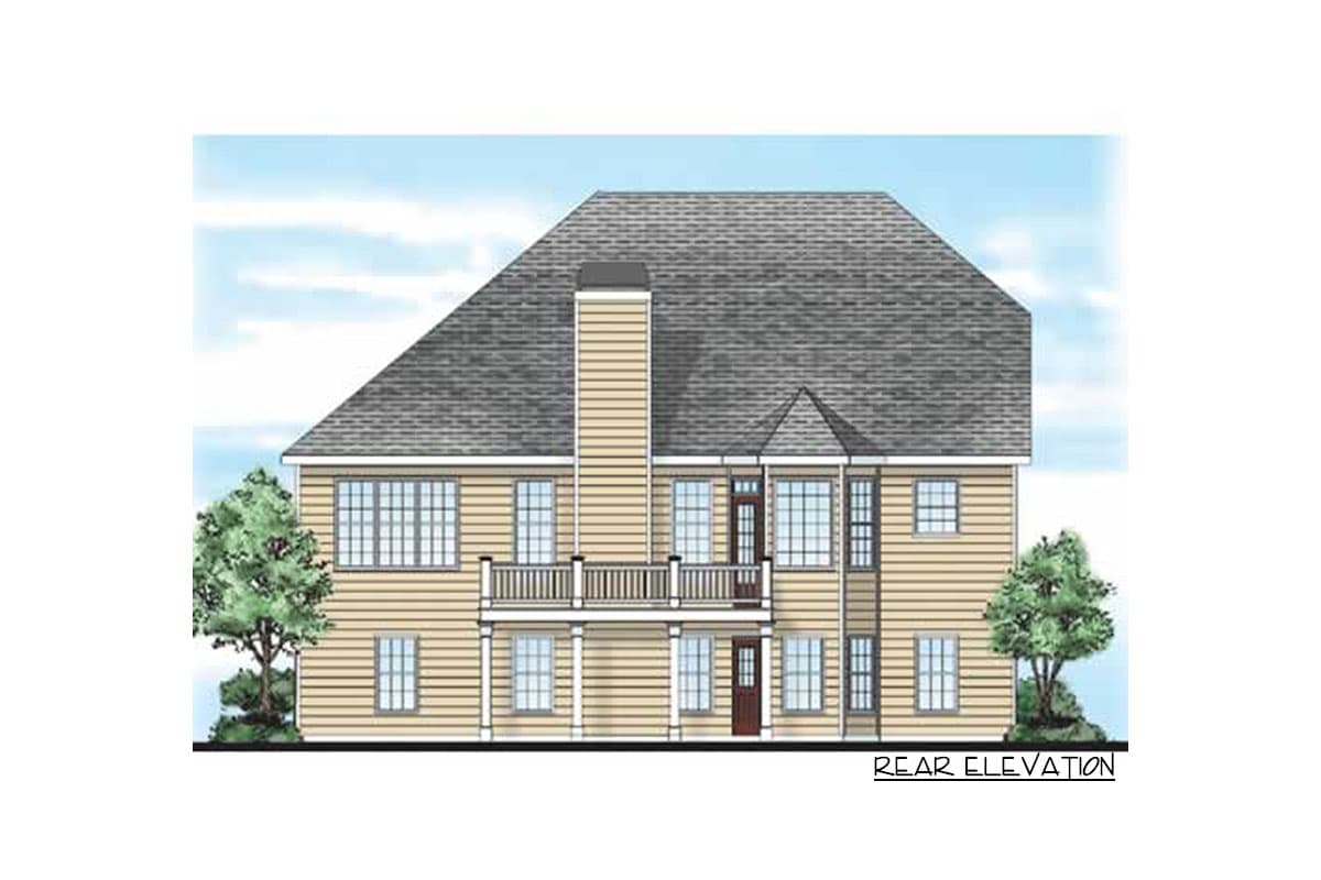 Rear elevation house plan: two stories, large hipped roof, central chimney, and second-story balcony.