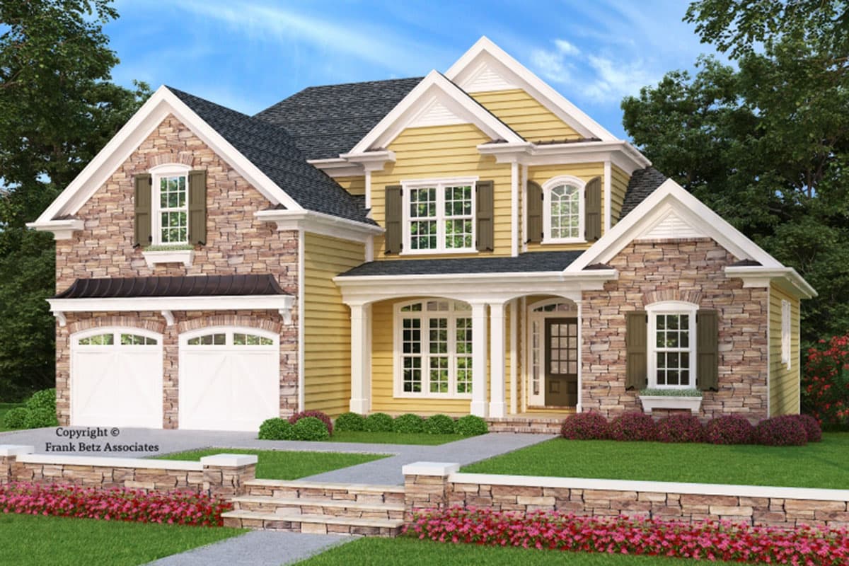 House plan exterior. Two-story home with a gabled roof, stone veneer accents, and a front porch. Features include a two-car garage.