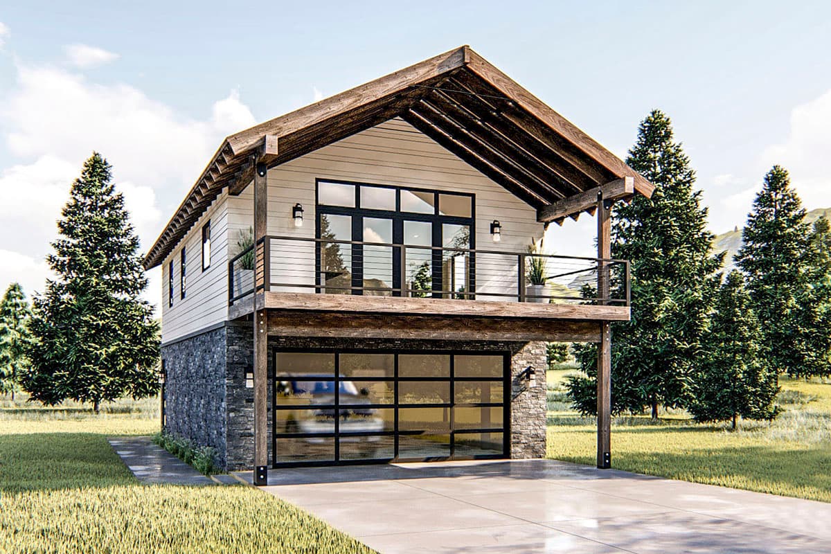 House plan exterior. Two-story home with a stone and wood facade, a balcony, and a glass-paneled garage door beneath a gable roof.