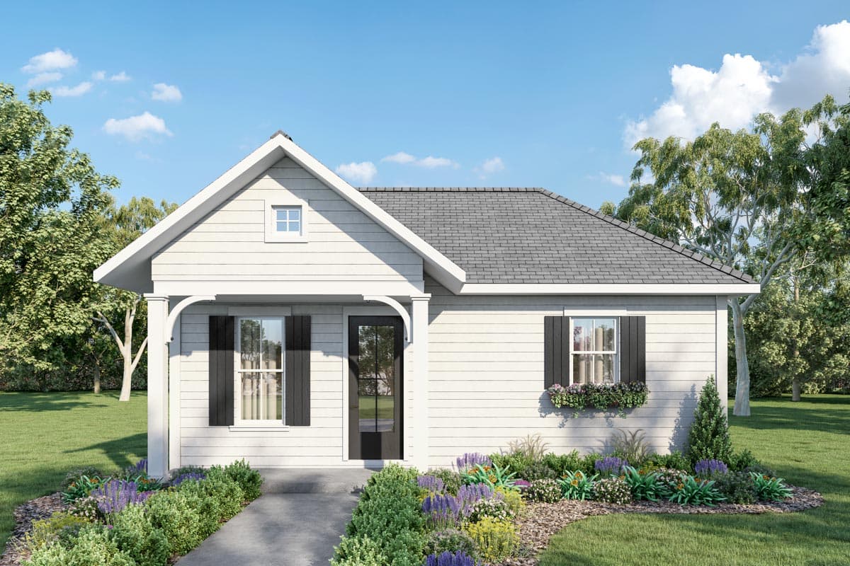 House plan exterior: Modern cottage style, one story, gabled roof, covered entry, and window box.
