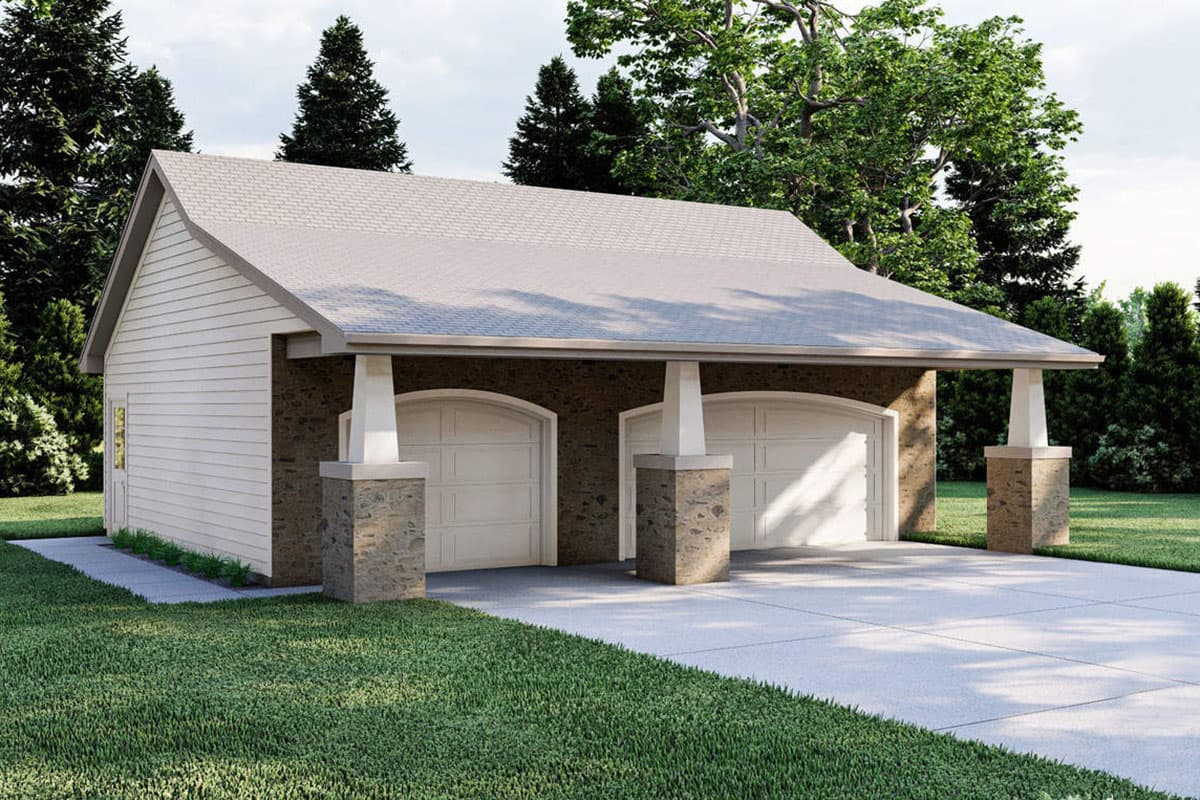 House plan exterior with two-car garage. Features include a gable roof, stone columns supporting the porch roof, and exterior siding.