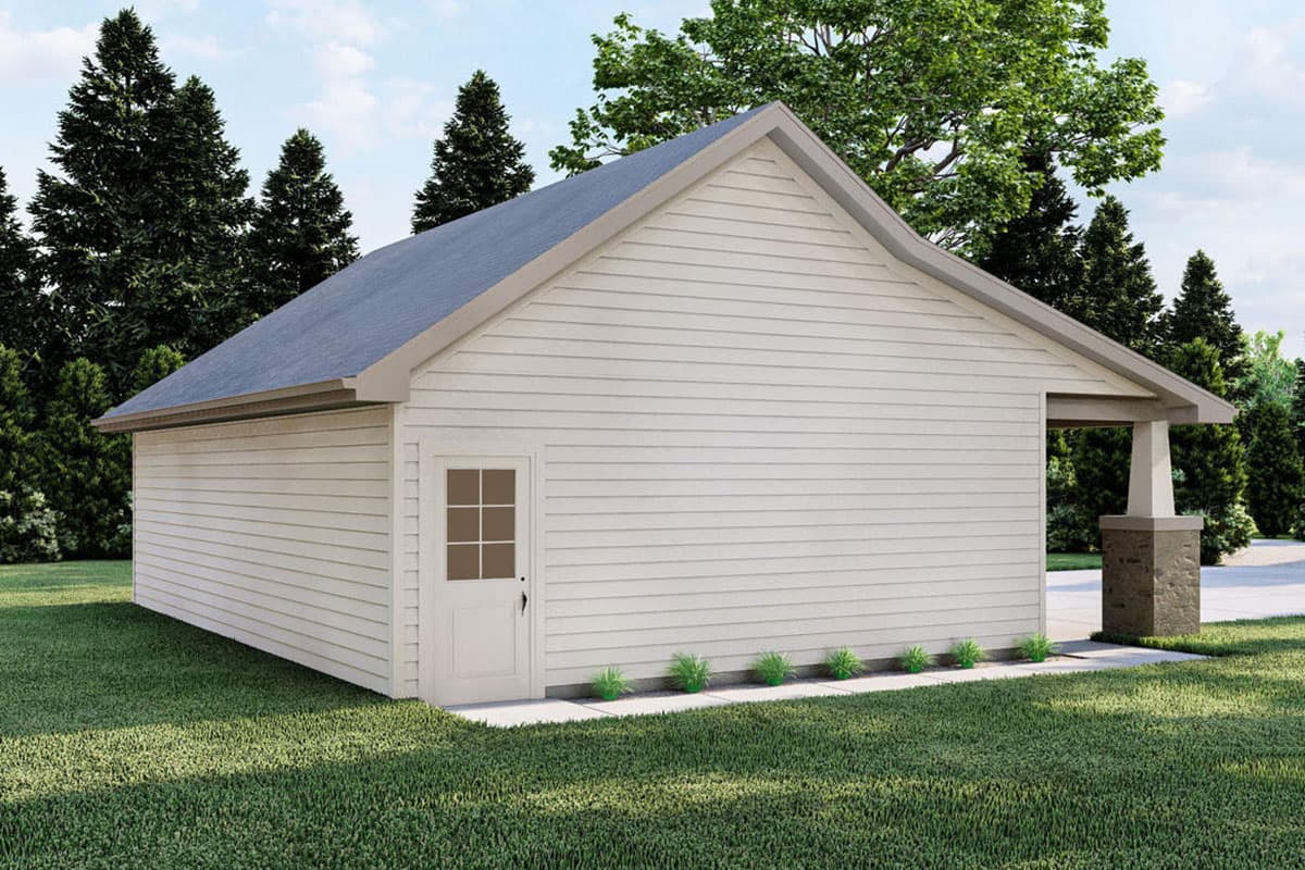 House plan exterior view of a one-story building with a gabled roof, clapboard siding, and a covered entrance with stone-clad columns.