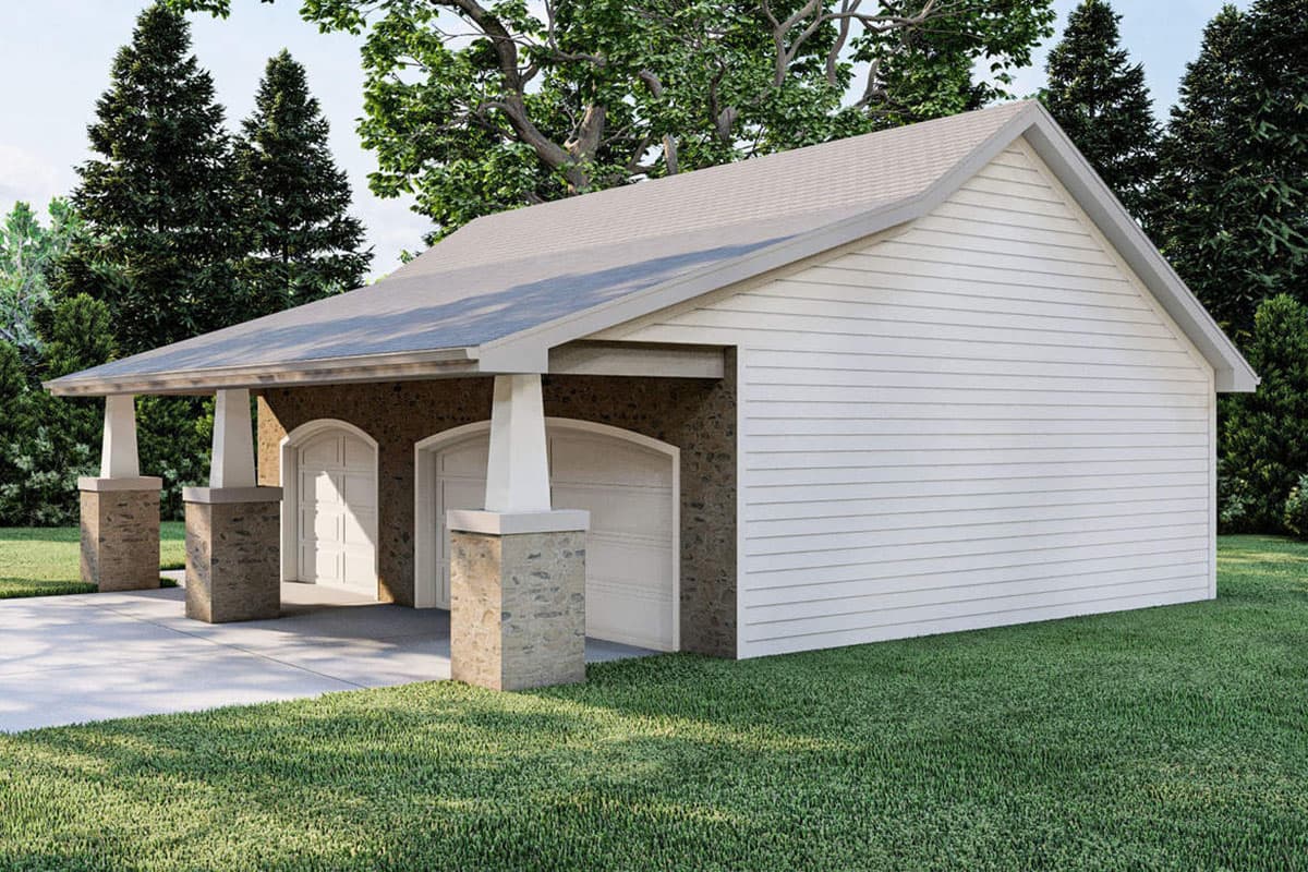 House plan exterior for a two-car garage featuring stone accents, arched garage doors, and a covered portico supported by square pillars.