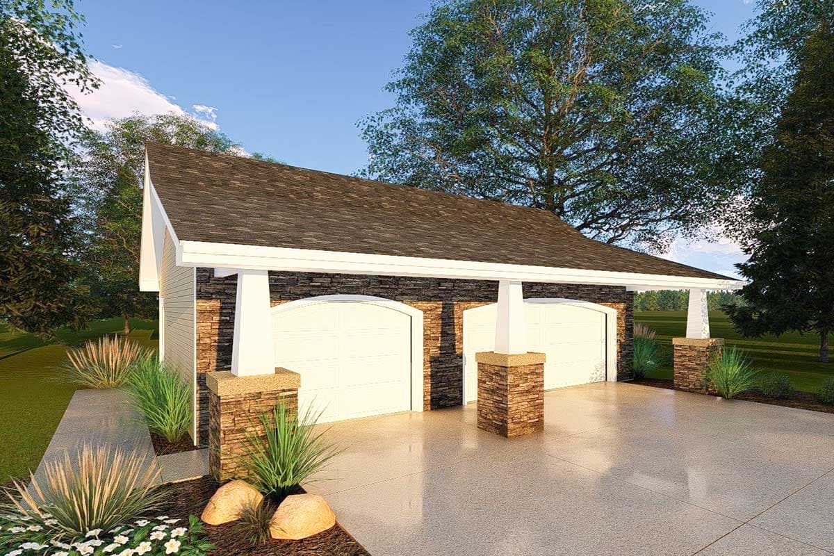 House plan exterior of a two-car garage with stone accents on columns, dark stone veneer, and arched garage doors.
