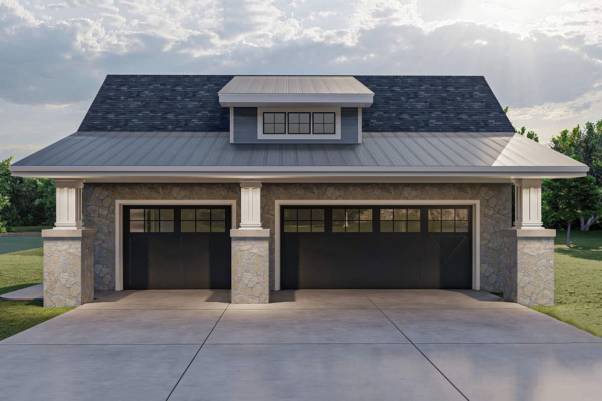 House plan exterior with two-car garage. Features include a metal roof, stone facade, and shed dormer with windows.