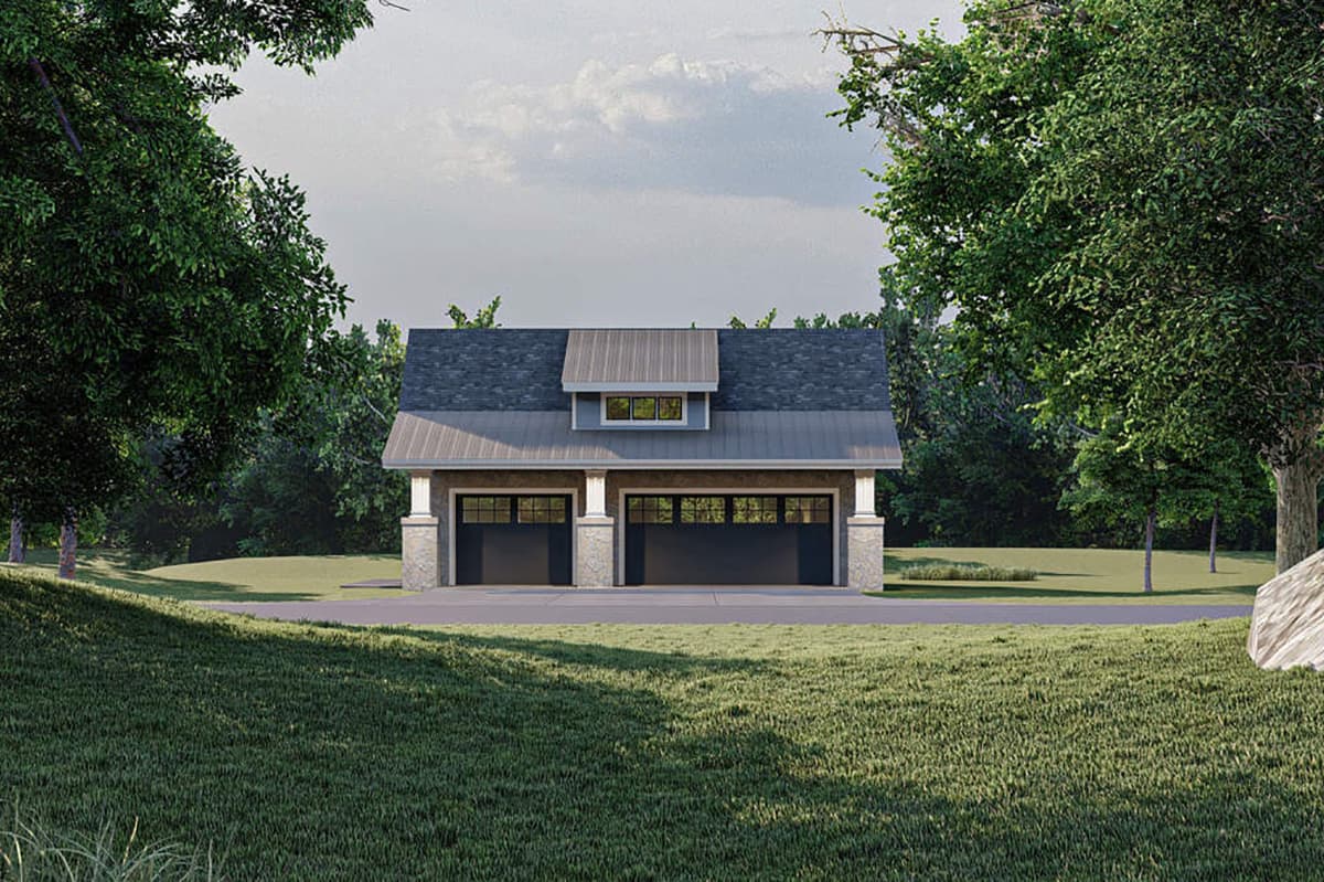 House plan exterior with two garage doors, stone accents, white columns, dormer, and pitched roof.
