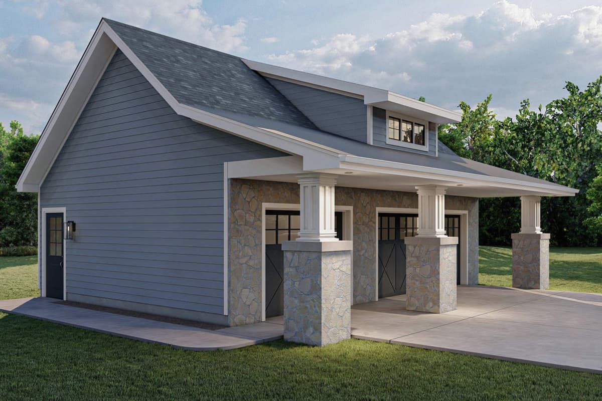 House plan exterior with stone accents, a covered porte-cochère, and a dormer.