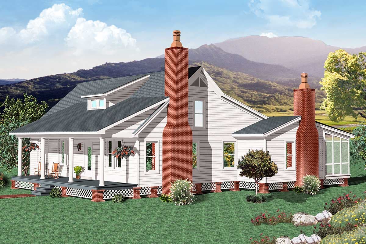 House plan exterior with Craftsman style. Features include a front porch, two brick chimneys, and a gable roof with dormer.