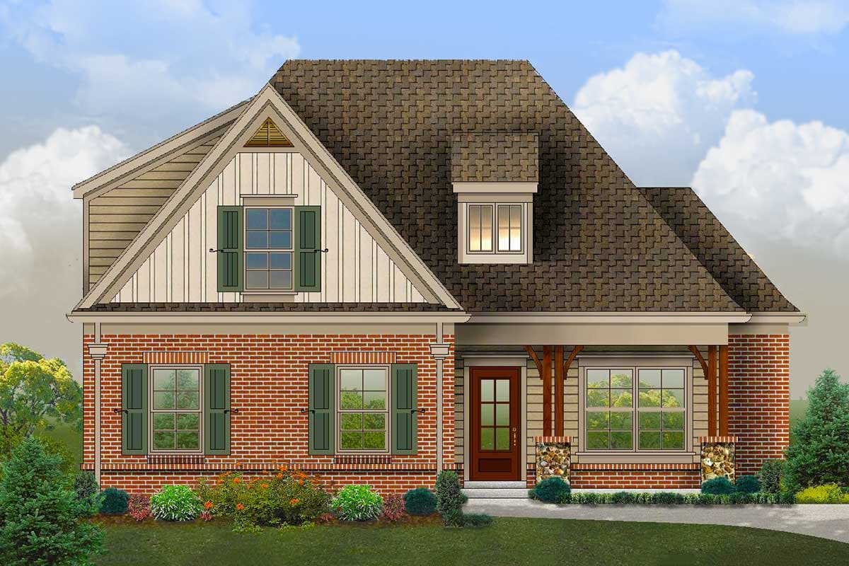 House plan exterior featuring a two-story Craftsman style home with a gable roof, dormer, and covered porch with decorative columns.