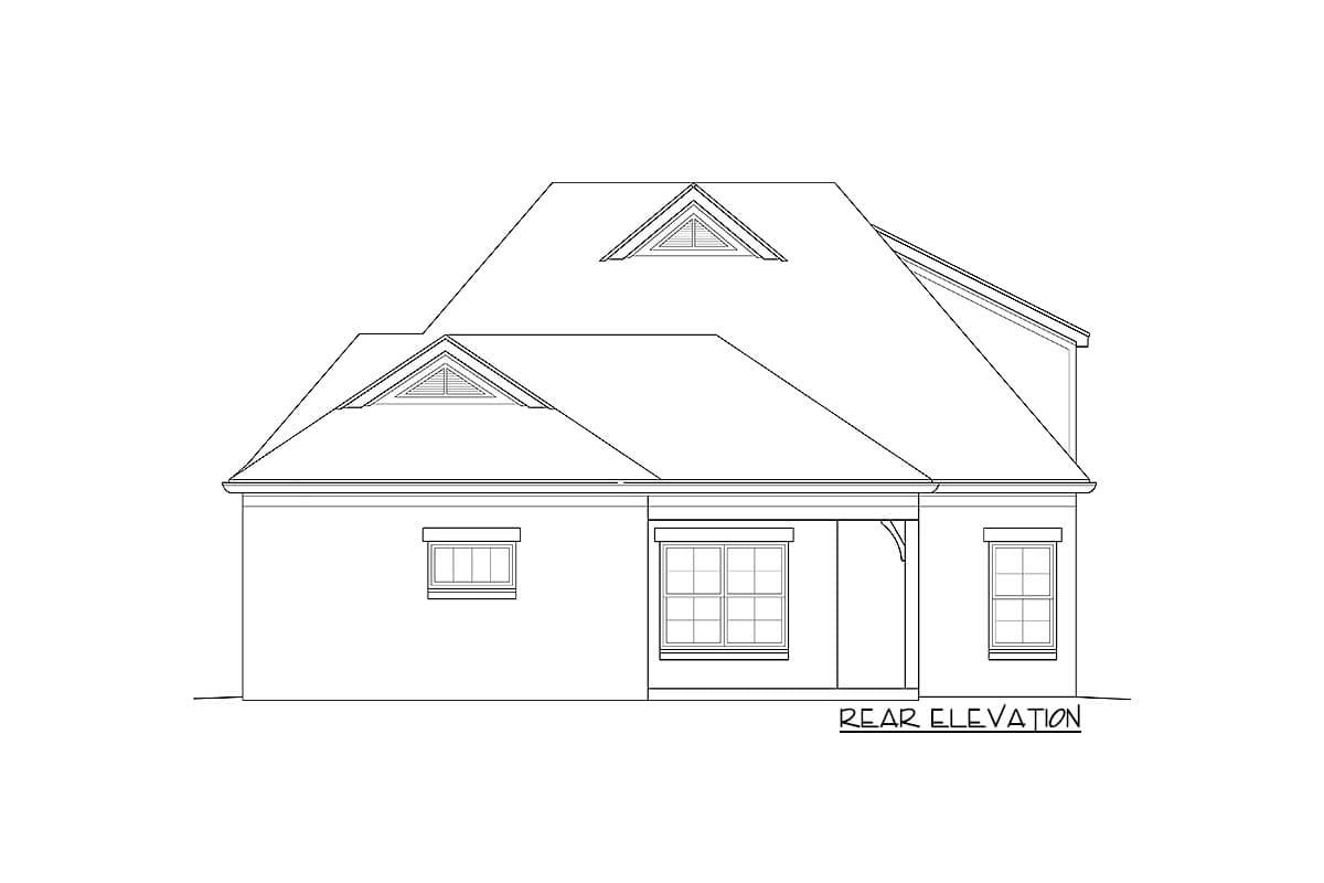 Rear elevation house plan shows a steeply pitched roof with two gabled dormers, multiple windows, and a small covered entry.