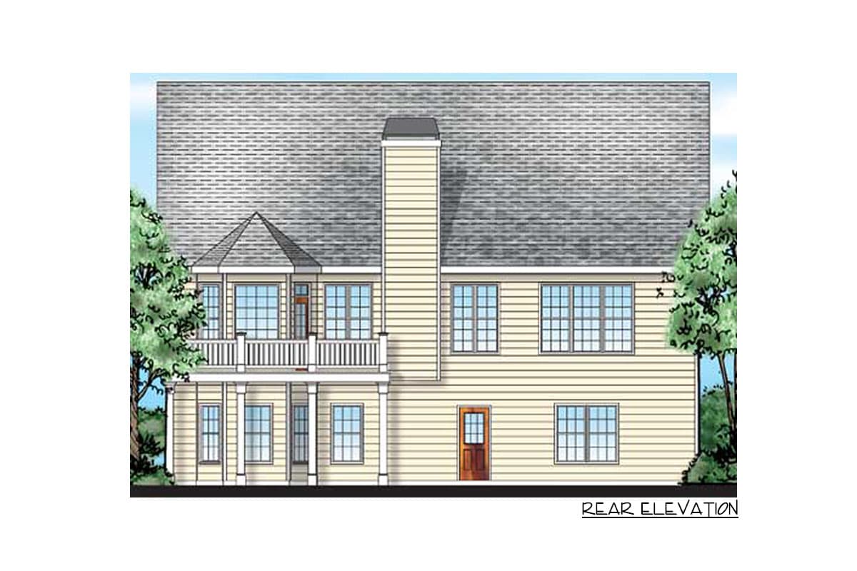 Rear elevation of a two-story house plan featuring a second-story balcony, a prominent chimney, and a covered lower porch.
