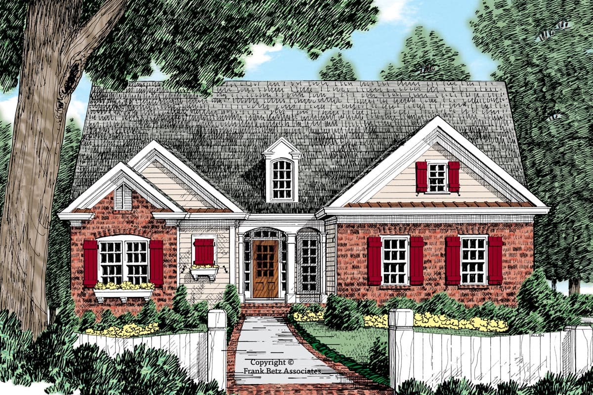 House plan exterior featuring a two-story Colonial style with gables, a covered entryway, and red shutters on the windows.