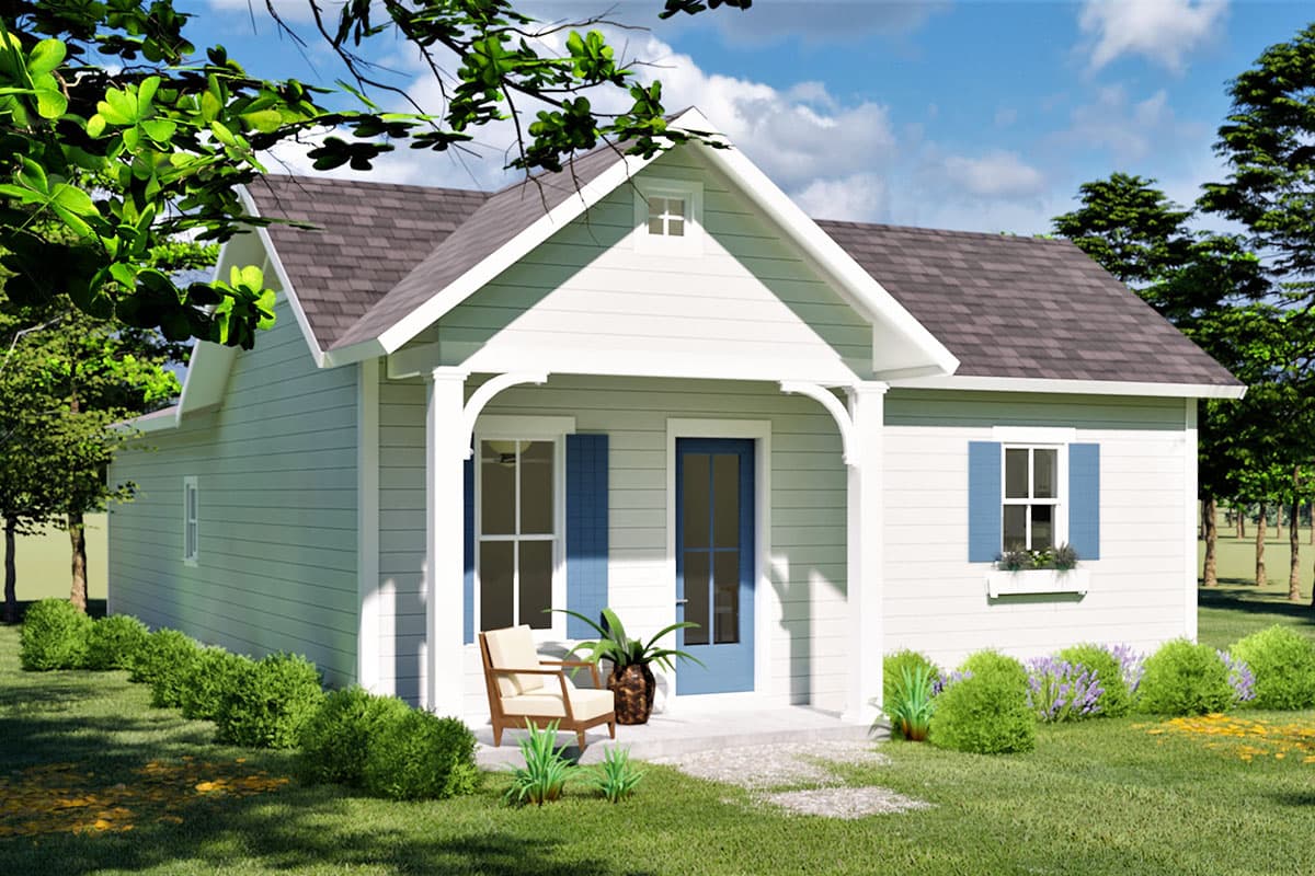 House plan exterior: One-story cottage with a front porch, gabled roof, and vinyl siding.