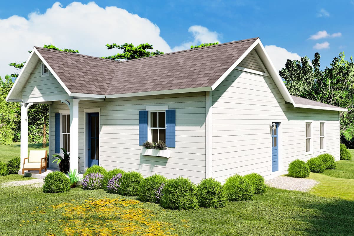 House plan exterior: One-story Modern Farmhouse with gabled roof, covered front porch, horizontal siding, and blue shutters.