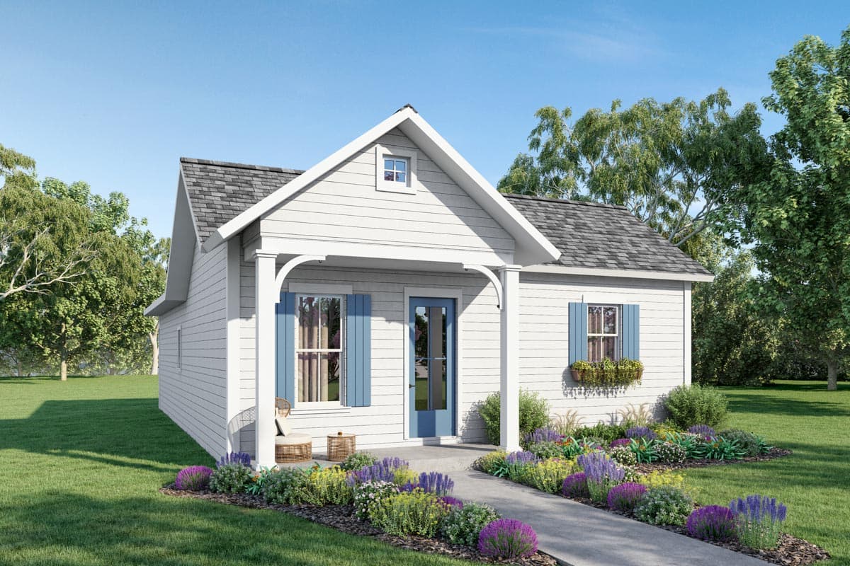 House plan exterior view of a cottage style home. Features include a gable roof, covered porch with columns, and blue shutters. One story.