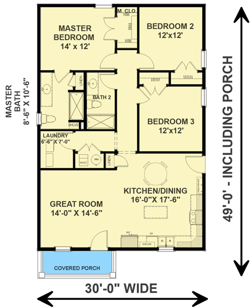 Plan 25005DH: 3-Bed Country Plan with Open Layout - 1320 Sq Ft - Floor Plan - Main Level - Cabin, Cottage, Country
