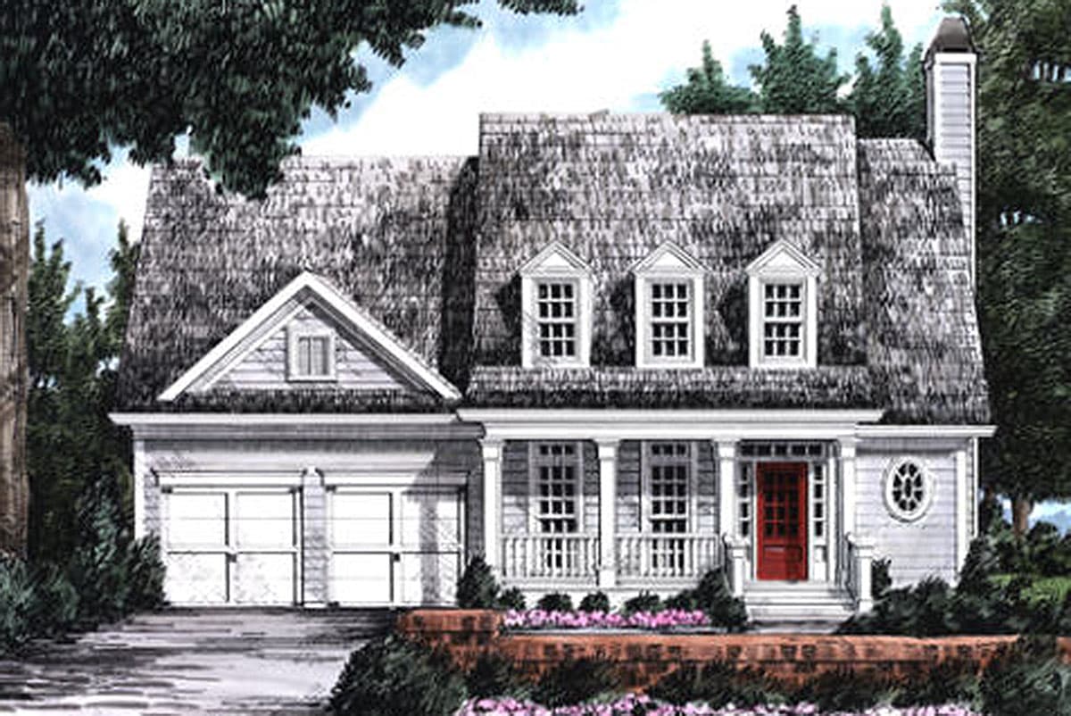House plan exterior featuring a two-story Colonial style with a gabled roof, dormers, a porch, and an attached two-car garage.