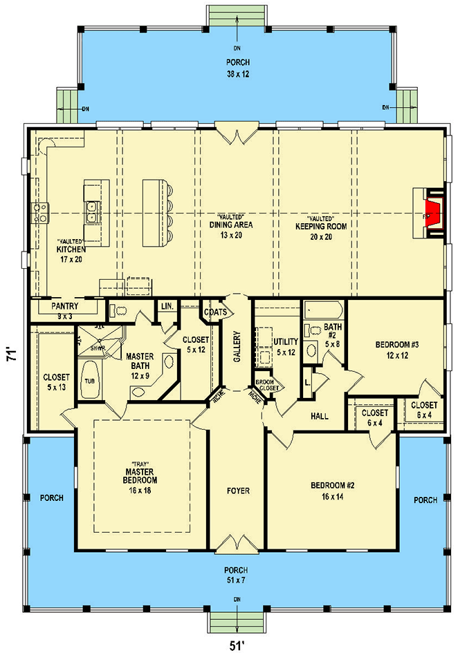 Plan 58622SV: Charming 3-Bed Southern House Plan with Front and Back Porches - Floor Plan - Main Level - Country, Southern, Traditional